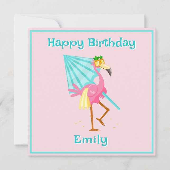 Cartão Flamingo indo para a praia (Frente)