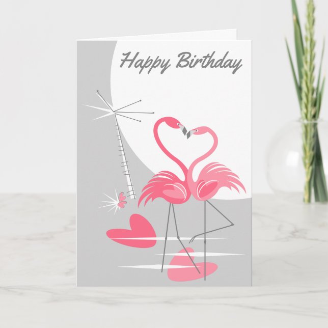 Cartão Flamingo Love Large Moon Happy Birday (Frente)