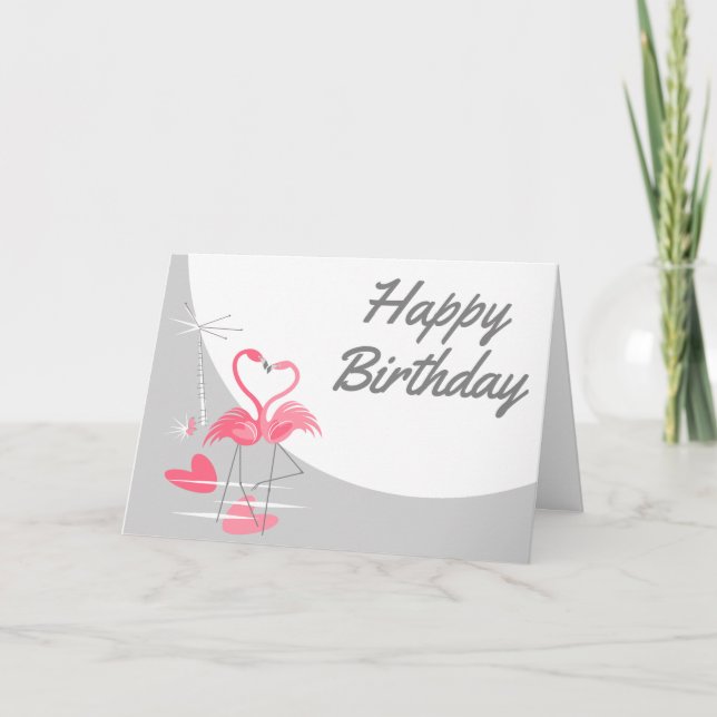 Cartão Flamingo Love Large Moon Happy Birday paisagem (Frente)