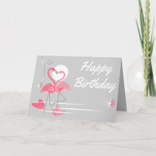 Cartão Flamingo Love Side Happy Birday texto dentro cinza