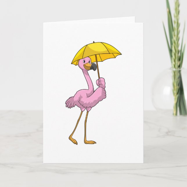 Cartão Flamingo na chuva com guarda-chuva (Frente)