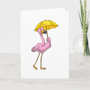 Cartão Flamingo na chuva com guarda-chuva