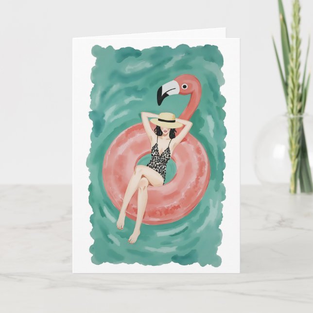 Cartão Flamingo Piscina Floatie Watercolor (Frente)