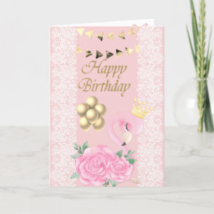 Cartão Flamingo Rosa Adorável,Tiara,Renda, Balões