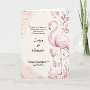 Cartão Flamingo Rosa Bege Água Marrom Dourado Casamento