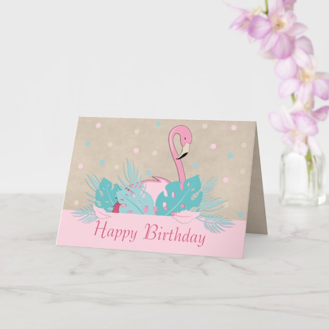 Cartão Flamingo Rosa Elegante e Folhas Tropicais (Orquídea)