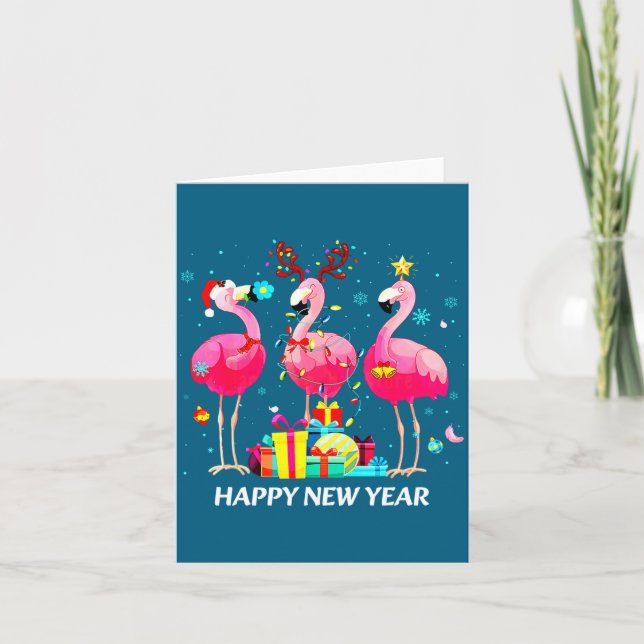 Cartão Flamingo Santa Hat Happy New Year Light Long Sleev (Frente)
