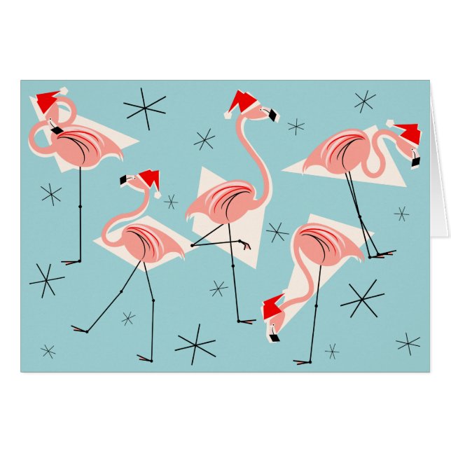 Cartão Flamingo Santas Blue Merry Christmas horizontal (Frente Horizontal)