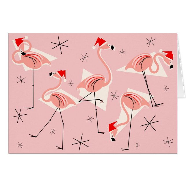 Cartão Flamingo Santas Rosa Feliz Natal horizontal (Frente Horizontal)