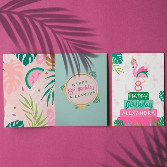 Cartão Flamingo & Watermelon Tropical Birday Cake Card (Criador carregado)