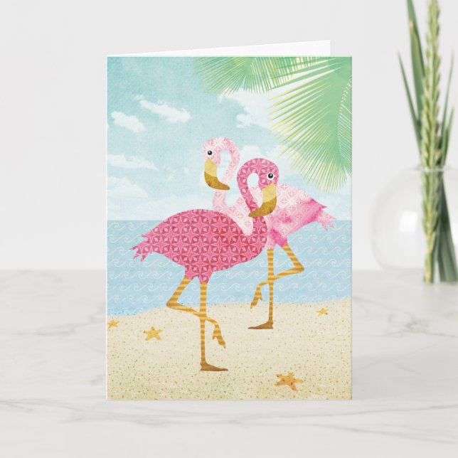 Cartão Flamingos cor-de-água rosa na praia (Frente)