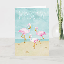 Cartão Flamingos cor-de-água rosa na praia
