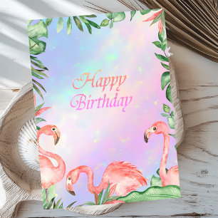 Cartão Flamingos Rosa Tropical Holográfico Aniversário