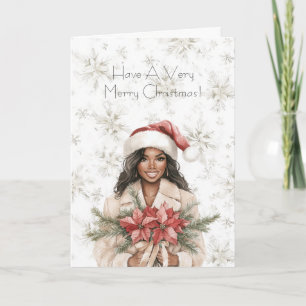 Cartão Flocos de Neve Natal Mulher Negra Poinsettia Flora