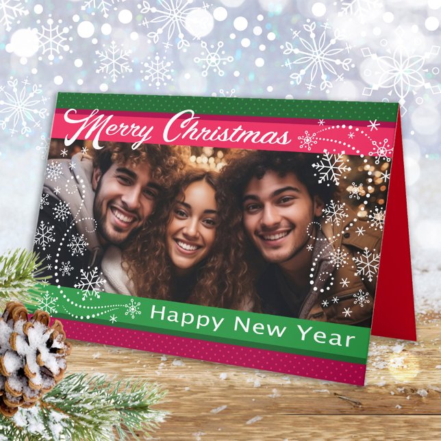 Cartão Flocos de neve personalizados verdes vermelhos (Criador carregado)