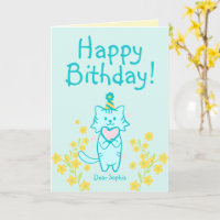 Flor Amarelo &Azul Gato vestindo Chapéu e Coração 