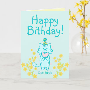 Cartão Flor Amarelo &Azul Gato vestindo Chapéu e Coração 