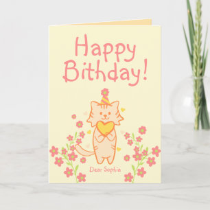 Cartão Flor Brilhante&Gatinho Fofo de Chapéu&Aniversário 