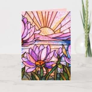 Cartão Flor de Lótus Nenúfar Rosa Roxo Laranja Pôr do Sol