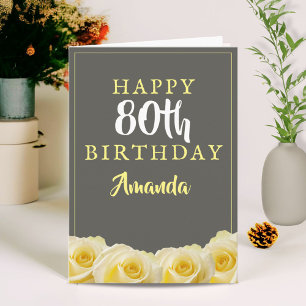 Cartão Flor de Rosa Amarela Floral Aniversário de 80 anos