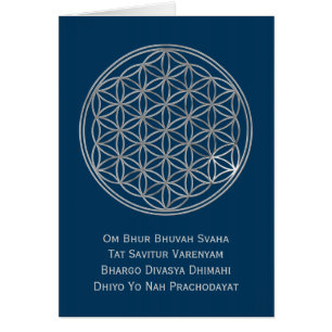 Cartão Flor de Vida & MANTRA GAYATRI prata, azul escuro