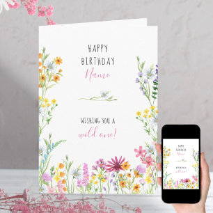 Cartão Flor silvestre Bonita Aquarela Aniversário de Uma 