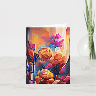 Cartão Floral Abstrato Art Laranja Vermelho Azul Flores