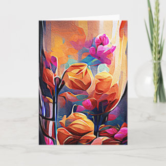 Cartão Floral Abstrato Art Laranja Vermelho Azul Flores