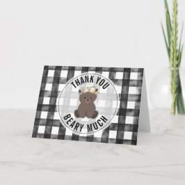 Cartão Floral Bear Black + White Gingham Thank You