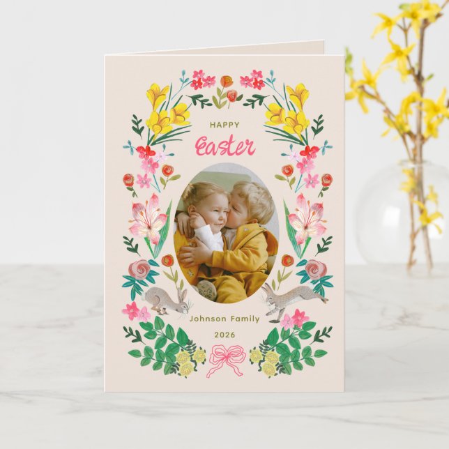 Cartão Floral Bunny Happy Easter Family Photo Card (Flor Amarela)