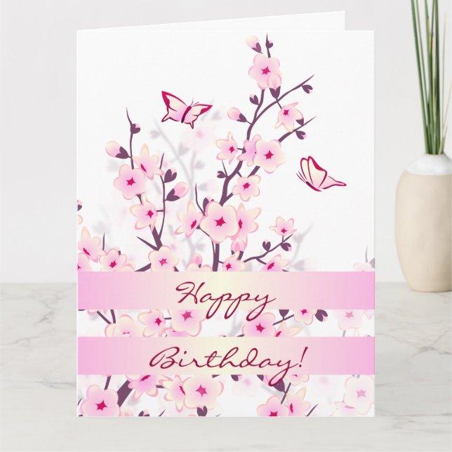 Cartão Floral Cherry Blossoms Pink White Happy Birthday (Frente)