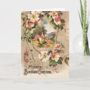 Cartão Floral Country de Aniversário Vitoriano Vintage Sé