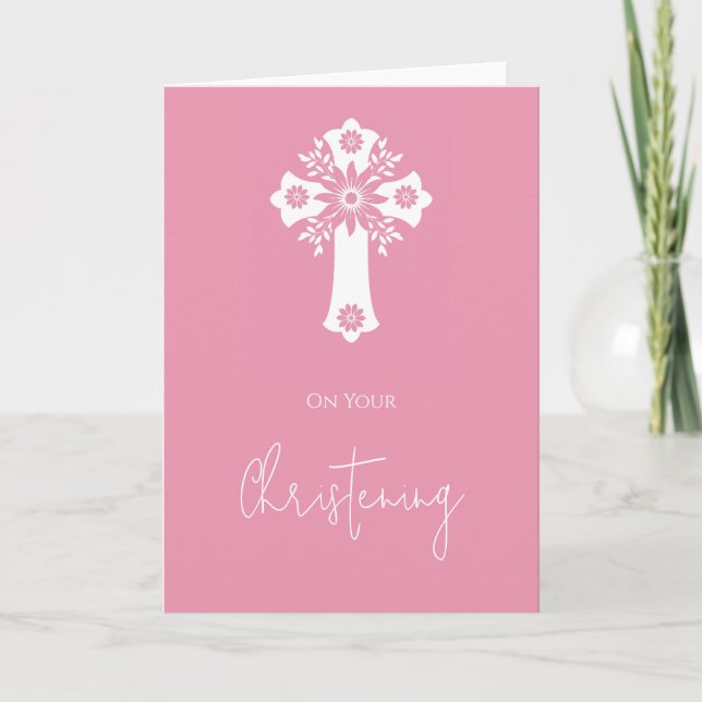 Cartão Floral Cross Card Christening Rose Pink (Frente)