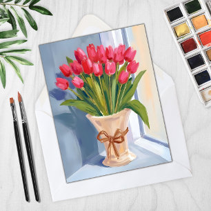 Cartão Floral de Aquarela com Buquê de Tulipas Ros