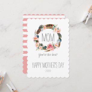 Cartão Floral de Aquarela com Penas Dia das Mães