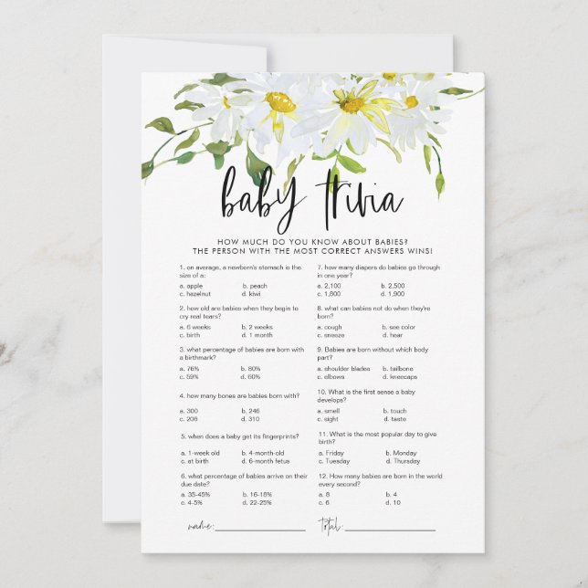 Cartão floral de Chá de fraldas Baby Trivia Daisy (Frente)