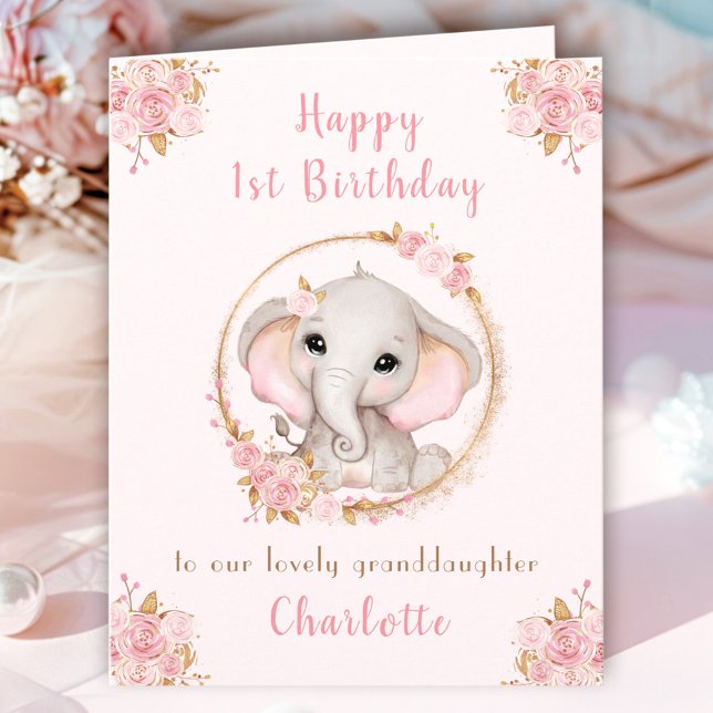 Cartão Floral de Elefante Rosa-Cor-de-Rosa-Rosa-primeiro  (1st Birthday Girl Pink Cute Elephant Floral Card)