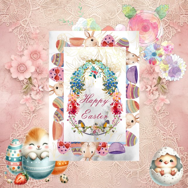 Cartão Floral De Felz pascoa De Ovo Coelho De Páss (Decorative Happy Easter Egg Bunny Bird Floral Card)