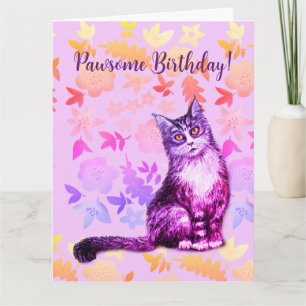 Cartão floral de gato cinza de cabelo longo