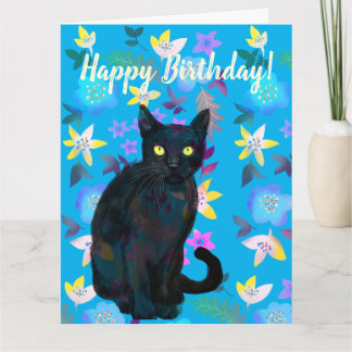 cartão floral de gato preto