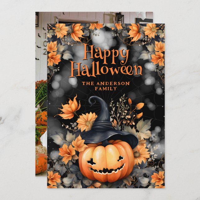 Cartão Floral de Halloween Feliz para Pumpkin (Frente/Verso)