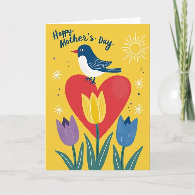Cartão Floral do Dia das Mães Coração de Pássaro (Frente)