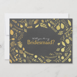 Cartão Floral Dourado em Carvão Be My Bridesmaid e
