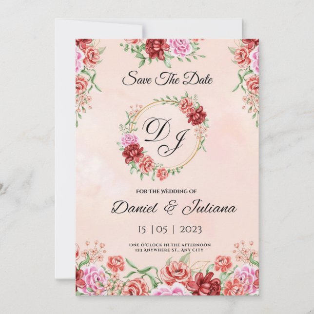 Cartão floral em aquarela vermelha bege, floral el (Frente)