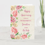Cartão Floral Grandson e seu Aniversário da Esposa<br><div class="desc">Feliz cartão de aniversário de casamento para o neto e sua esposa com lindas flores de coloração d'água,  burlap rustic e verso sentimental.</div>