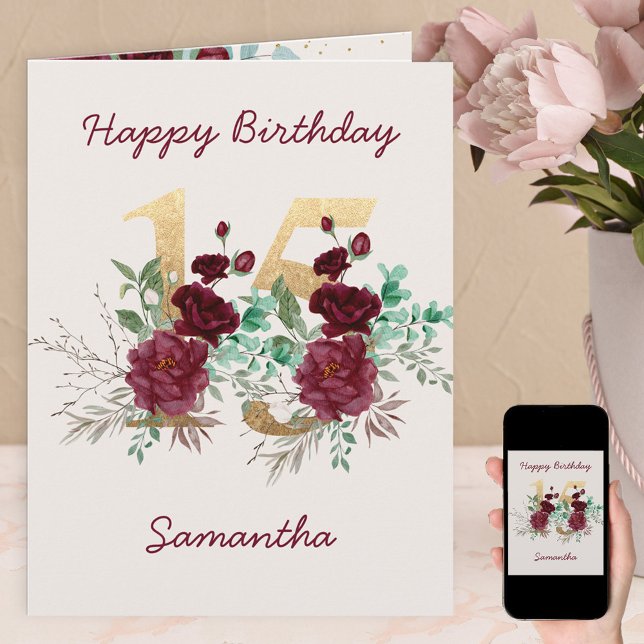 Cartão Floral Number 15 Personalized 15th Birthday (Criador carregado)