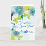 Cartão Floral Print Custom Name Birthday Card-Friend Card<br><div class="desc">Imagine this fresh floral watercolor-look printed birthday card being opened by your special Friend with her custom name on it. Hues of Blues & Greens on a crisp White background. Greeting printed inside wishing recipient a happy birthday .  
Customize further and change the sample name to what you need.</div>