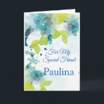 Cartão Floral Print Custom Name Birthday Card-Friend Card<br><div class="desc">Imagine this fresh floral watercolor-look printed birthday card being opened by your special Friend with her custom name on it. Hues of Blues & Greens on a crisp White background. Greeting printed inside wishing recipient a happy birthday .
Customize further and change the sample name to what you need.</div>