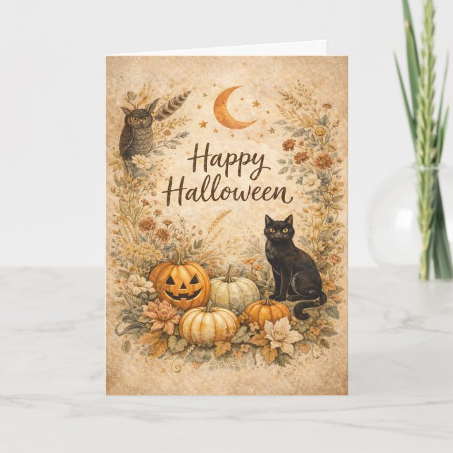 Cartão Floral Pumpkins Vintage Boho Halloween (Frente)