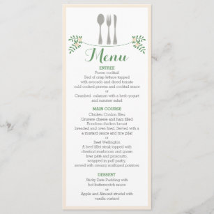 Cartão floral rústico do menu do jantar de ensaio